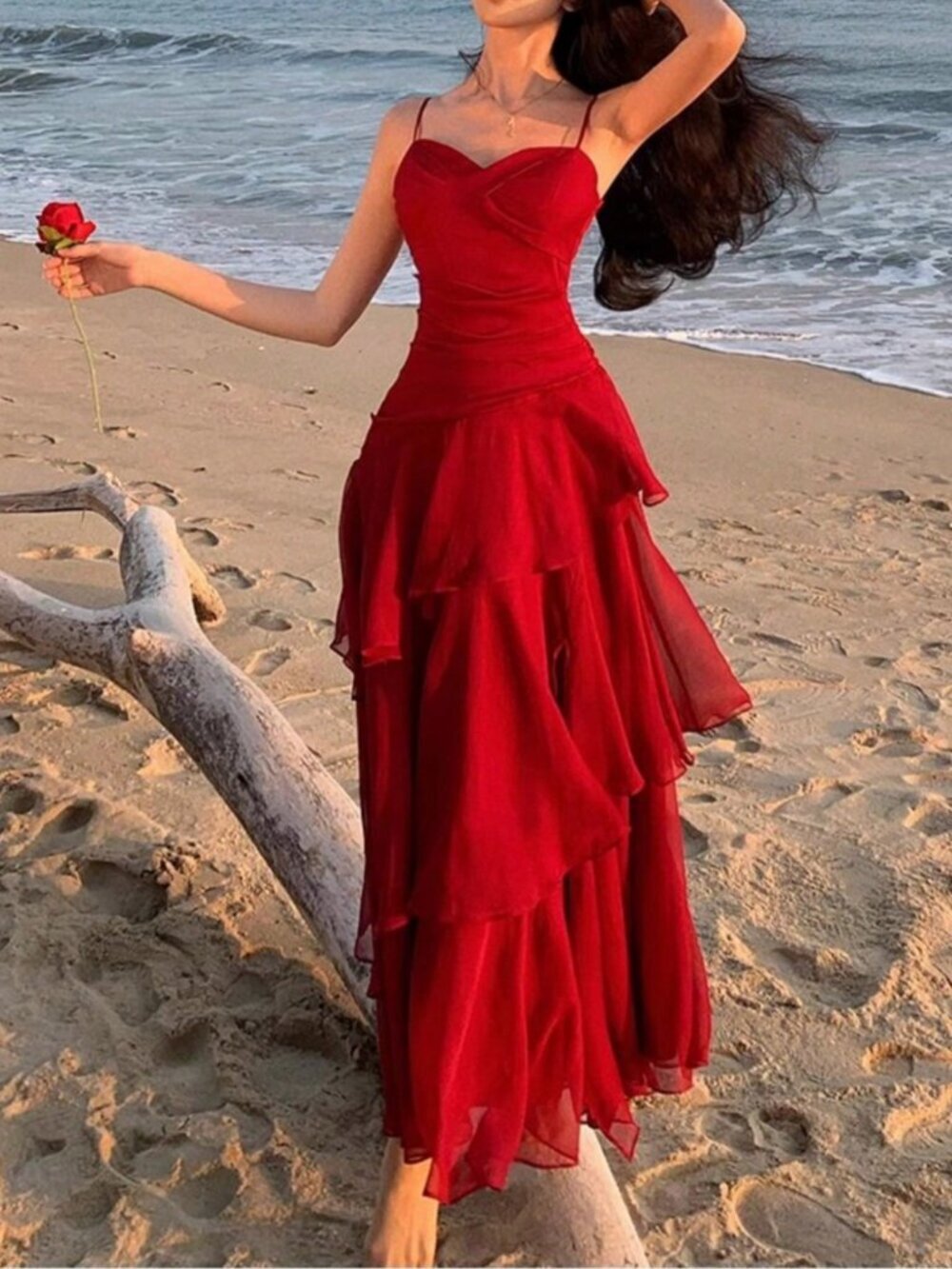 Red Asymmetric Ruffle Women's Dress with Spaghetti Strap